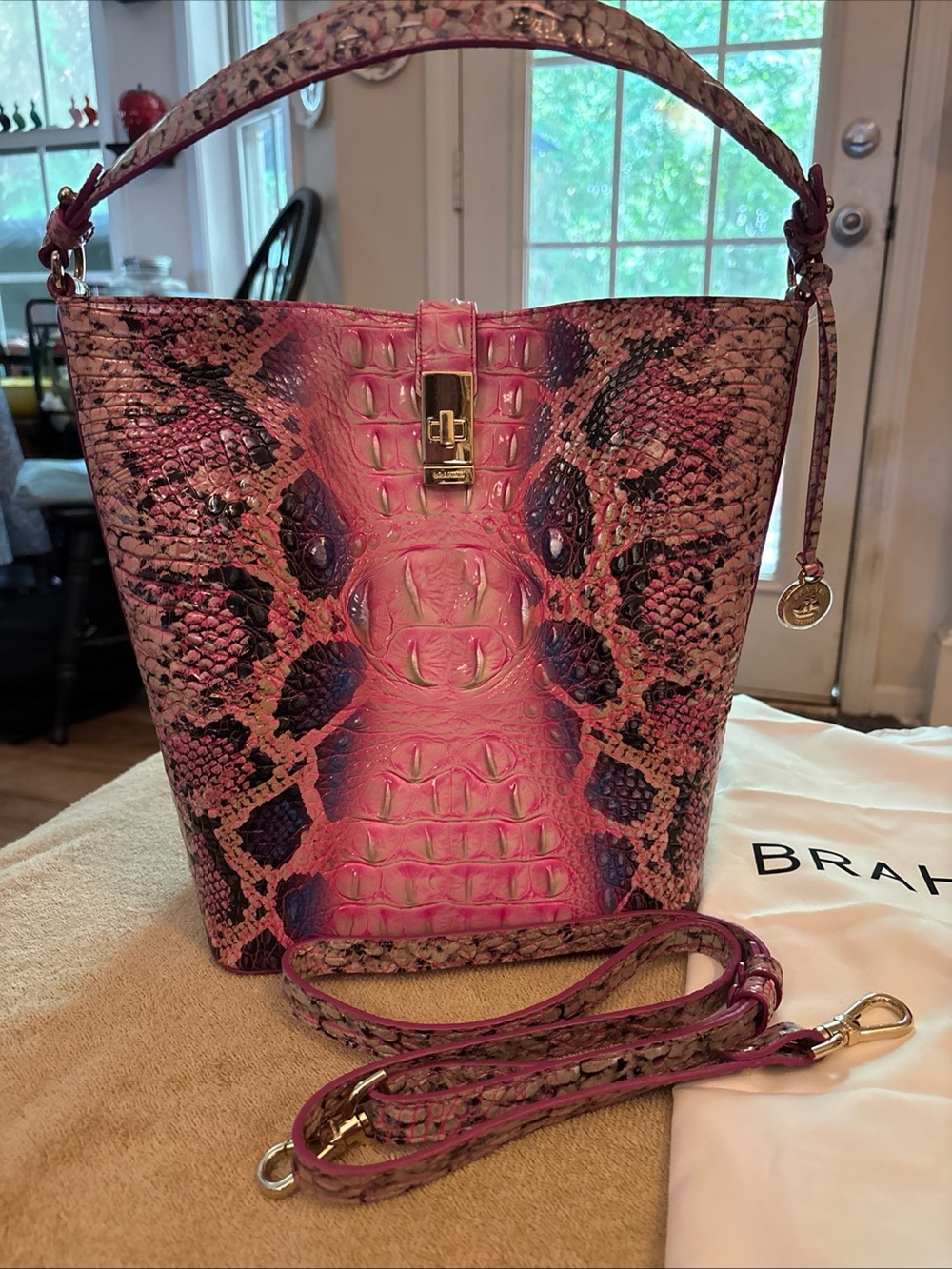Brahmin Pink Cobra Shira Croc-Embossed Leather Shoulder Bag - Picture 3 of 10